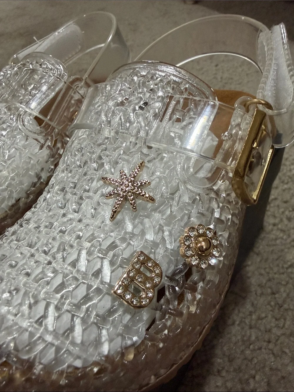 bebe Girls Clear Woven Jelly Platform Mules with Gold Accents